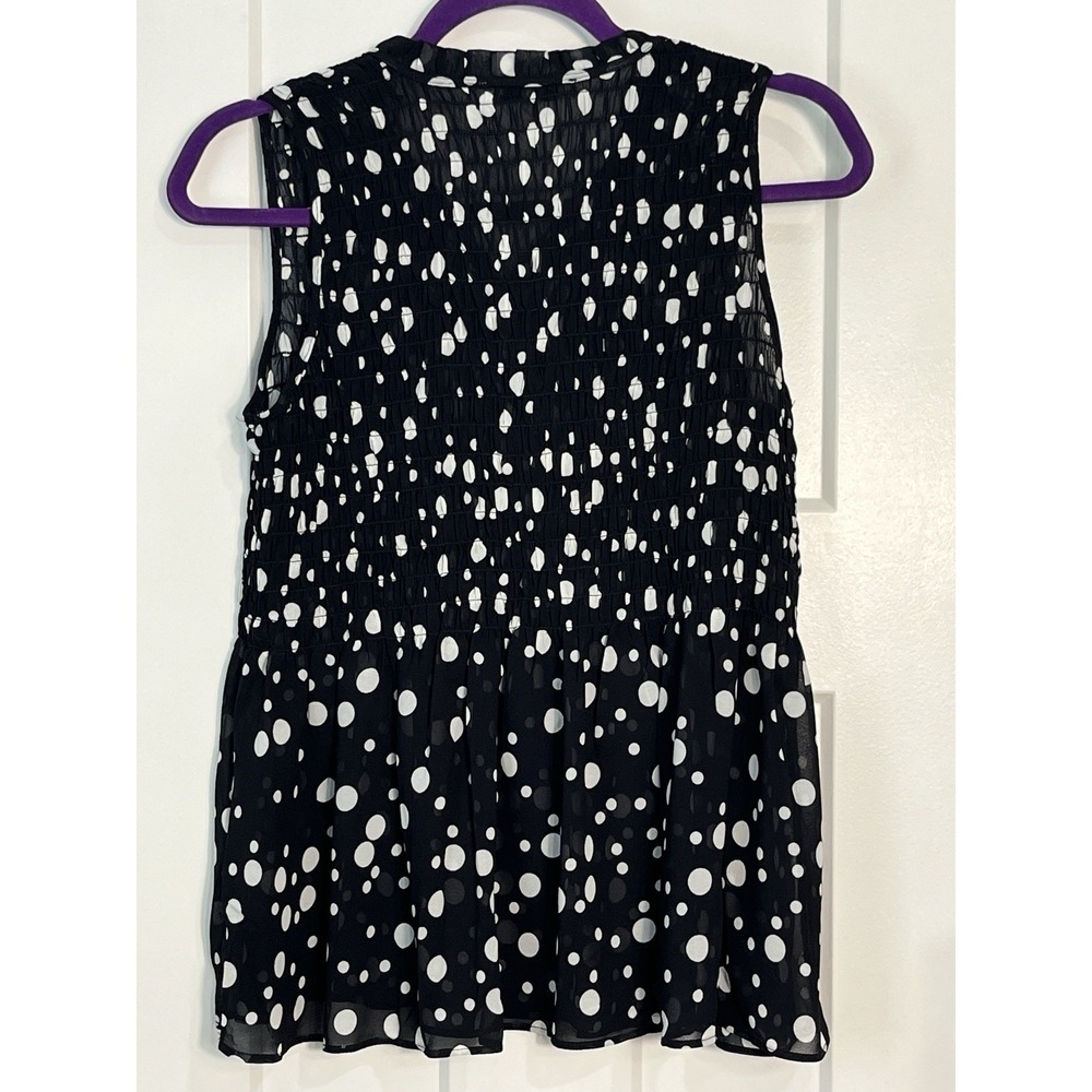 Women's Polka Dot Black w/White Top XS Whimsical Smocked Flowing Semi Sheer - Picture 3 of 11